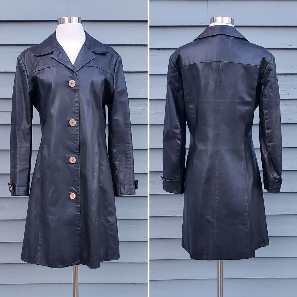 Vintage 90s y2k Bratz Black Leather Mod Boho Western Button Front Trench Coat Md - Picture 9 of 9